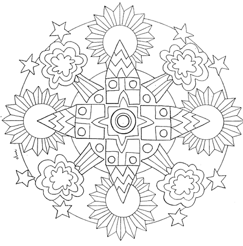 Manadala With Stars Sun And Trees Coloring Page